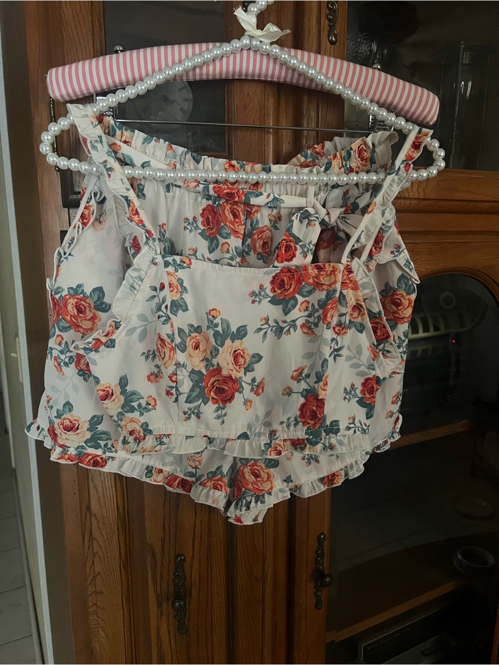 Floral Ruffle Satin Cami and Short Set - White with Red Rose Print